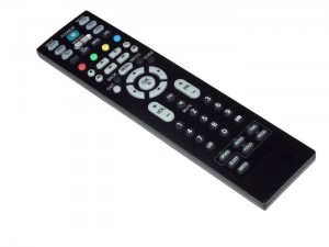 A black, rectangular remote control
