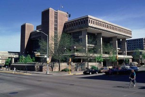 A photo of Vilas Hall, a beige, angular, 1970s-style building.