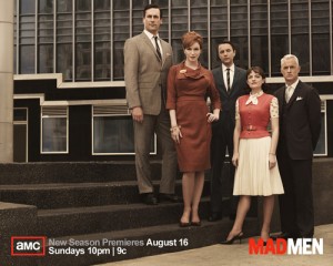 Don, Joan, Pete, Peggy and Roger outside an office building