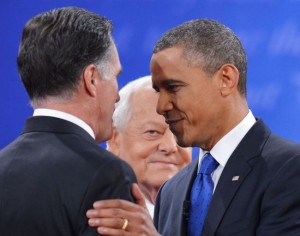 Obama and Romney shake hands