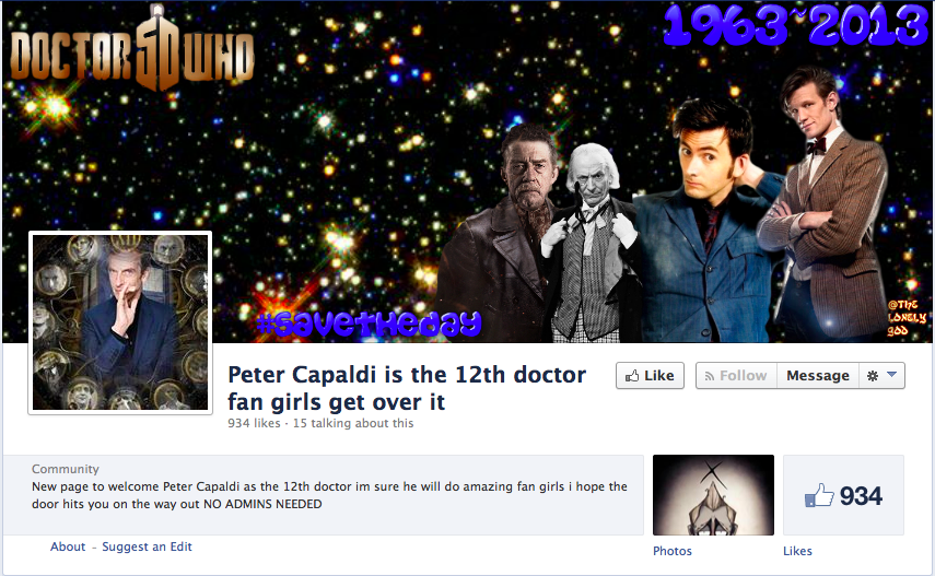 Facebook page for “Peter Capaldi is the 12th doctor fan girls get over it.”