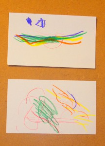 Kids repeating each other's drawing ideas. Top: "I'm drawing purple and a rainbow." Bottom: "I'm starting a rainbow."