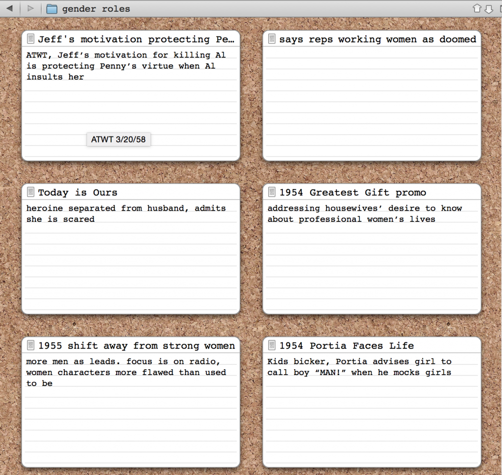 The "Corkboard" view in Scrivener.