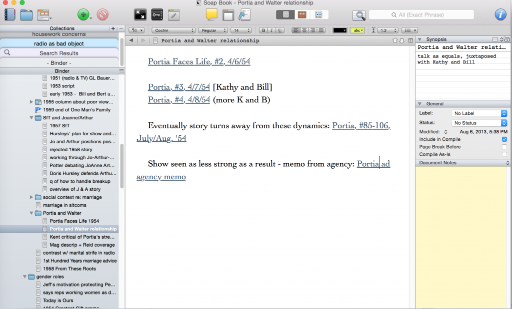The “Portia and Walter relationship” document in Scrivener.