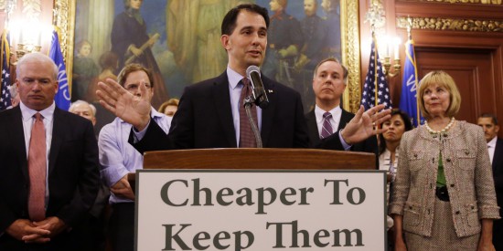 Wisconsin Governor Scott Walker presenting a deal to finance a new Milwaukee Bucks arena with public funds.
