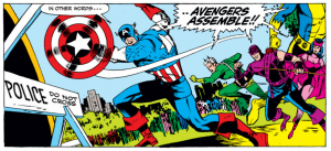 The comic-book Avengers in battle, as rendered by Don Heck in 1967.